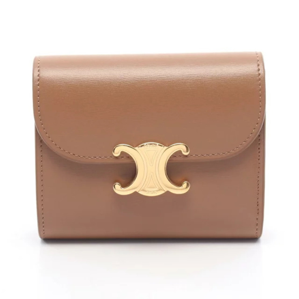 Celine Triomphe Flap Wallet Tri fold Leather Brown
